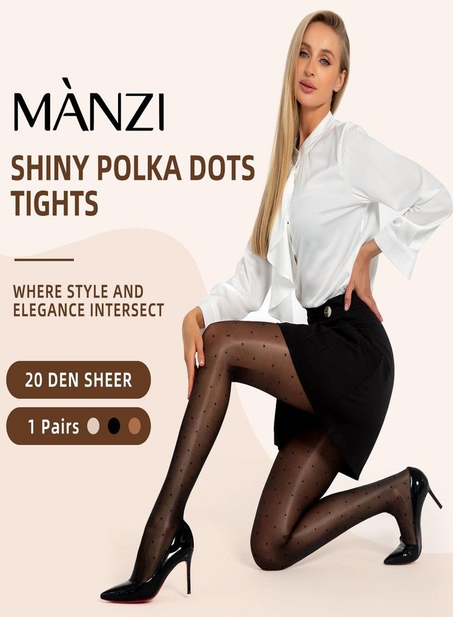 MANZI Women's Sheer Polka Dots Shimmery Patterned Tights Shiny Silk Reflections Dotted Pantyhose Cute Shimmer Glossy Oil Pearlescent Stockings with Dots Sparkly Black Nylons with Designs(Black,L/XL) - Image 2